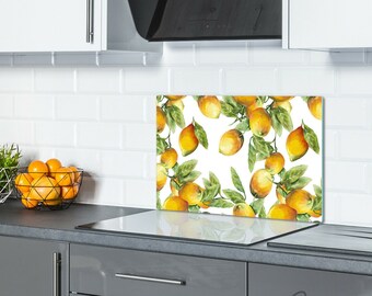 Fancy Farmhouse Lemons Leaf Backsplash Tile, Yellow Glass Cutting Board, Green chopping, Fruits Kitchen Art, Tempered Glass, Wall Decor