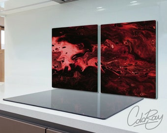 Dark Marble Abstraction Wall Protector, Red Splashback, Black Backsplash, Texture Modern Cutting Board, Tempered Glass, Rounded Corners