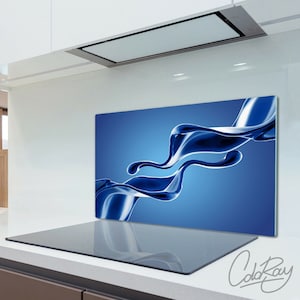 Irregular Blue Wave Abstract Splashback, Modern Kitchen, Blue Cutting Board, White Wall Decor, Cutting Board, Tempered Glass, Rounded Corner