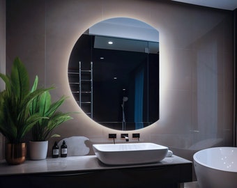 Grand miroir mural LED, Miroir suspendu rond découpé avec lumières, Miroir design simple, Miroir de salle de bain fait main, Miroir de courtoisie irrégulier