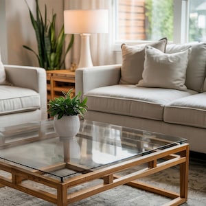 Könnte beinhalten: Ein Wohnzimmer mit einem Couchtisch mit Glasplatte und hellem Holzrahmen. Ein weißes Sofa mit beigen Kissen und ein passender Sessel sind zu sehen. Eine Topfpflanze steht auf dem Tisch, und eine Lampe mit weißem Sockel befindet sich im Hintergrund.