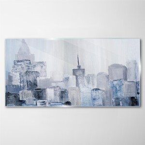 Art moderne abstrait ville peinte, impression sur verre, impression sur verre bleu, art moderne blanc, décoration murale abstraite, suspensions en métal, verre trempé