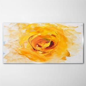 Impression sur verre fantaisie fleur jaune, impression sur verre orange, art mural jaune, impression d&#39;art abstrait, suspensions en métal, verre trempé