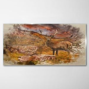 Cerf, impression de montagne naturelle sur verre, impression sur verre marron, décoration murale verte, voir la photo, suspensions en métal, verre trempé