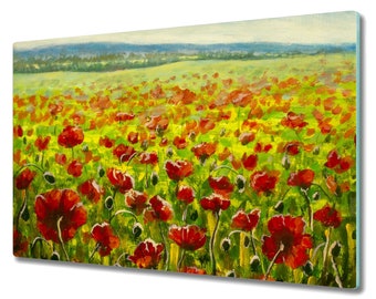 Red Poppies Beautiful Meadow Floral Splashback, Yellow Induction Cover, Nature Kitchen Decor, Tempered Glass, Rounded Corners, Red Flowers