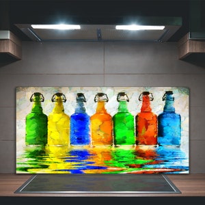 Colored Bottles Glass Backsplash, Blue Kitchen Glass Panel, Green Wall Tempered, alcohol Printed Backsplash