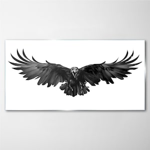 Impression sur verre aigle dangereux noir, impression sur verre blanc, oeuvre d&#39;art mural noir, décoration murale animaux, suspensions en métal, verre trempé