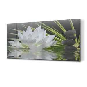 Lotos In Spa Glass Splashback, Black Kitchen Glass Panel, White Wall Tempered, Botanical Printed Backsplash