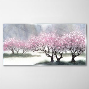 Aquarelle paysage arbres, impression sur verre, impression sur verre gris, impression d&#39;art rose, image de la nature, pendentifs en métal, verre trempé