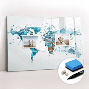 Mapa magnético del mundo con agua, rastreador de viajes, mapa de viajes turquesa, rastreador de viajes con mapas de lugares visitados, marcador de borrado en seco