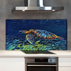 May include: A colorful abstract painting of a sea turtle swimming in the ocean. The turtle is blue, green, and yellow, and the ocean is a deep blue. The painting is done in a style that resembles a digital illustration.