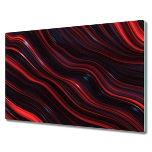 Puede incluir: Impresión digital de arte abstracto con líneas onduladas en tonos rojos y negros.