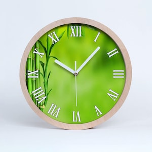 Bamboo Plant Wood Wall Clock, Green Modern Wall Clock, White Living Room Room Clock, Floral, Home Office Decor