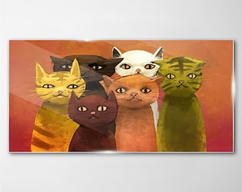 May include: A group of six cats with different colored fur, including orange, white, brown, black, and green, are standing in a row. They are all looking at the viewer with curious expressions. The cats are on a red background.