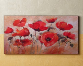 Classic Poppy Large Canvas Art, Red Old Painting, Beige Wall Hanging, Flowers Housewarming Gift, Eco Art Print