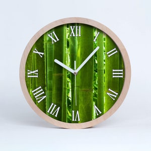 Bamboo Wooden Clock, Green Wooden Decor, White Retro Wall Clock, Floral, Unique Wall Clock