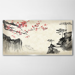 Impression sur verre cerisier de style japonais, impression sur verre beige, photo rouge sur verre, impression d&#39;art, suspensions en métal, verre trempé