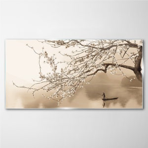 Impression sur verre Arbre dans le lac au coucher du soleil, Impression sur verre beige, Art moderne marron, Photo nature sur verre, Pendentifs en métal, Verre trempé