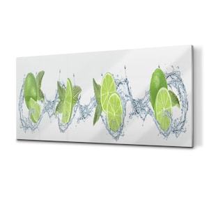 Limes And Mint Glass Splashback, White Kitchen Glass Panel, Green Wall Tempered, Fruits Printed Backsplash