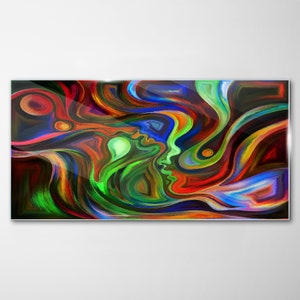 Impression de visages abstraits colorés sur verre, Impression sur verre arc-en-ciel, Art mural sur verre rouge, Art moderne abstrait, Pendentifs en métal, Verre trempé