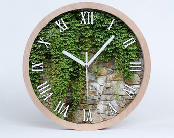 Horloge murale en bois plantes grimpantes sauvages, horloge murale moderne verte, horloge de salon beige, naturel, décoration de bureau à domicile