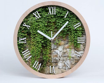Planten Wilde klimmers Houten wandklok, groene moderne wandklok, beige woonkamerklok, natuurlijk, thuiskantoorinrichting