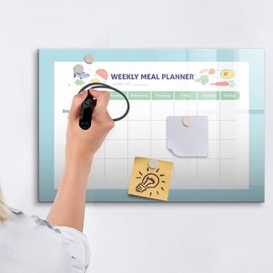 Pizarra magnética para planificar comidas, planificador de comidas, tablero de anuncios azul, organizador de menús, marcador + esponja