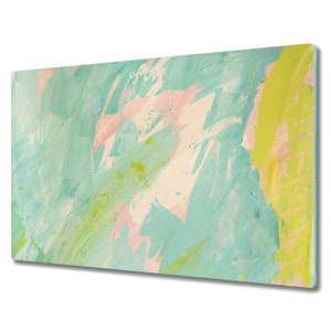 Puede incluir: Pintura abstracta con una mezcla de pinceladas de color azul claro, verde y rosa. Los colores son vibrantes y crean una sensación dinámica y enérgica.