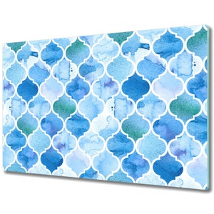 May include: A watercolor pattern of blue and green geometric shapes with white outlines. The pattern is reminiscent of traditional Moroccan tilework.