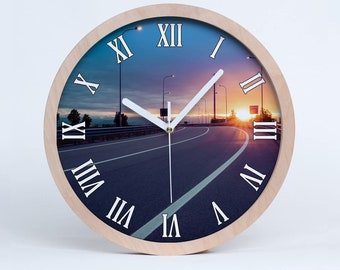 Sunset Highway Wood Wall Clock, Blue Modern Wall Clock, Gray Living Room Room Clock, Landscape, Home Office Decor