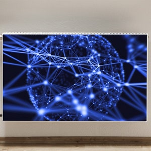 May include: A white radiator with a blue and black abstract design featuring a glowing sphere connected by lines. The design resembles a network or constellation.