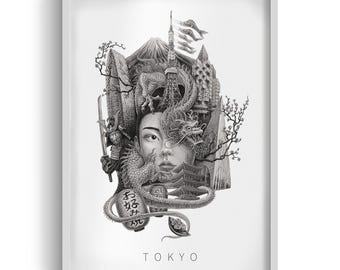 東京イラストフレーム、白黒東京シティウォールアート、シティアート