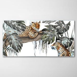 Animaux tropicaux, faune, impression léopard sur verre, impression sur verre vert, photo orange sur verre, décoration murale animaux, verre trempé