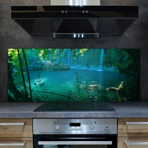 Kuraynlu Waterfall Turkey Glass Backsplash, Green 4 mm Float, Blue Easy To Install, Landscape Installation Without Damage