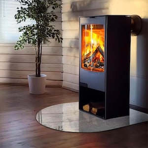 Raw Concrete Texture Round Fireplace Hearth, Gray Fireplace Decoration, Glass Hearth Extension, Elegant Stove Hearth Plate