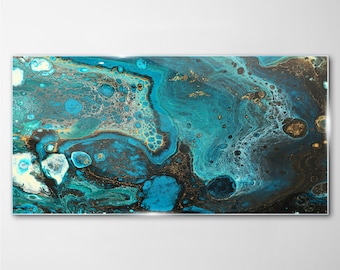Abstract Modern Marble Glass Print, Blue Glass Print, Black Wall Decor, Texture, Glass Wall Art, Metal Pendants, Tempered Glass