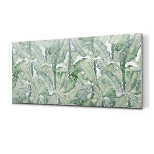 Banana Leaves Glass Splashback, White Kitchen Wall Protector, Green Art Glass Design, Botanical Easy To Clean Surface