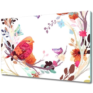 May include: A watercolor painting of a red bird perched on a branch with pink, orange, and purple flowers. A butterfly is flying near the bird.