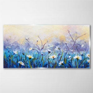 Peinture à l&#39;huile originale de fleurs, impression sur verre, impression sur verre bleu, art moderne blanc, impression de la nature sur verre trempé, pendentifs en métal