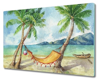 Natural Beach Sea Hammock Palm Holiday Splashback, Green Bread Board, Nature Cutting Board, Tempered Glass, Rounded Corners, Chill Pattern