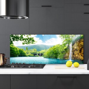 Waterfall Glass Splashback, Blue 4 mm Float, Green Easy To Install, Nature Installation Without Damage