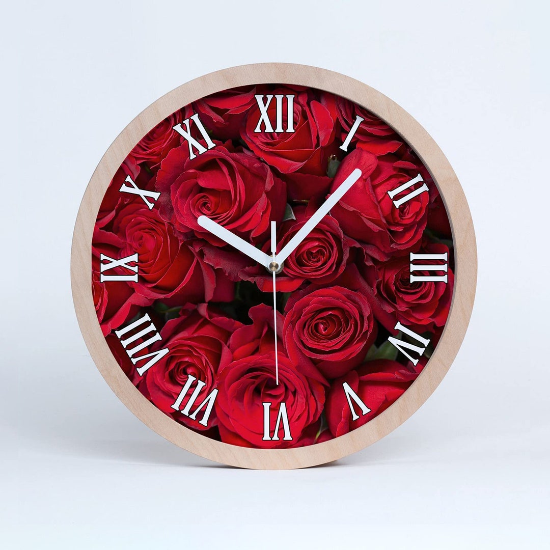 Red Roses Flowers Wooden Wall Clock, Red Silent Wall Clock, Pink Gift ...
