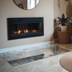 Mosaic Patterns On Tiles Rectangular Stove Hearth Plate, Blue Fireplace Decoration, Glass Fireplace Floor Plate, Modern Fireplace Hearth