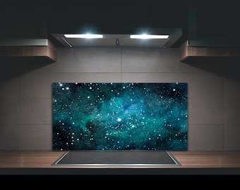 Salpicadero de vidrio con cielo nocturno, panel de cocina negro, cocina de vidrio contemporáneo verde, salpicadero con ideas de decoración de galaxia