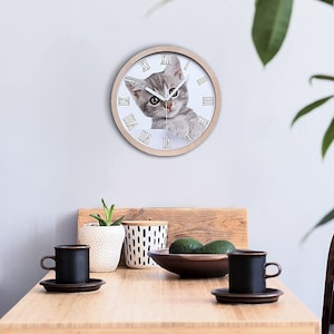 Sweet Kitten Pet Wooden Wall Clock, Gray Silent Wall Clock, White Gift Idea, Animal, Rustic Clock
