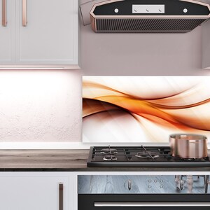 Orange Big Lines Glass Backsplash, Orange Kitchen Glass Panel, White Wall Tempered, Abstract Printed Backsplash