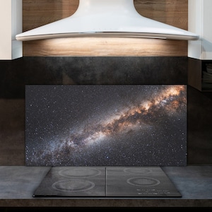 Milky Way Glass Backsplash, Black Kitchen Glass Panel, Orange Wall Tempered, Galaxy Printed Backsplash