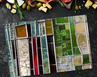 Irregular Motive Mosaic Abstract Backsplash Tile, Blue Bread Board, Green Splashback, Geometric Cutting Board, Tempered Glass, Patchwork Art