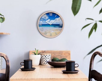 Sea Ocean Beach-wandklok, blauwe houten muurprint, beige minimalistische kamerklok, landschap, zwarte of witte wijzers
