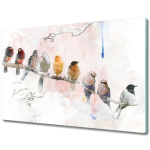 Original Colored Painting Birds Kitchen Splashback, Pink Induction Cover, Blue Backsplash, Cutting Board, Tempered Glass, Rounded Corners